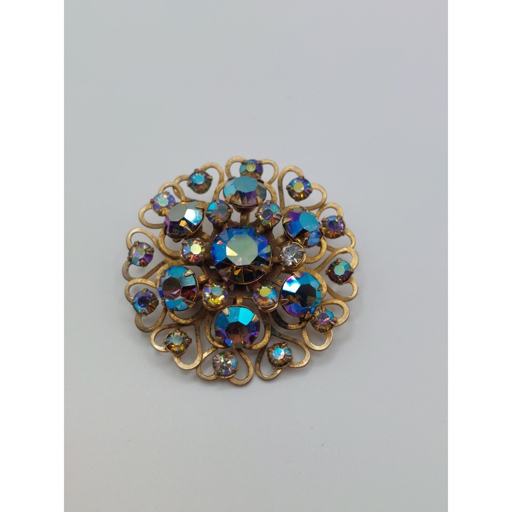 Aurora Borealis Rhinestone Brooch Gold Filigree Flower Grandmillennial Vintage - Picture 4 of 12